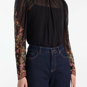 NEW SALONI Black Silk Sheer Blouse, Mel B Top in Boteh Bloom color